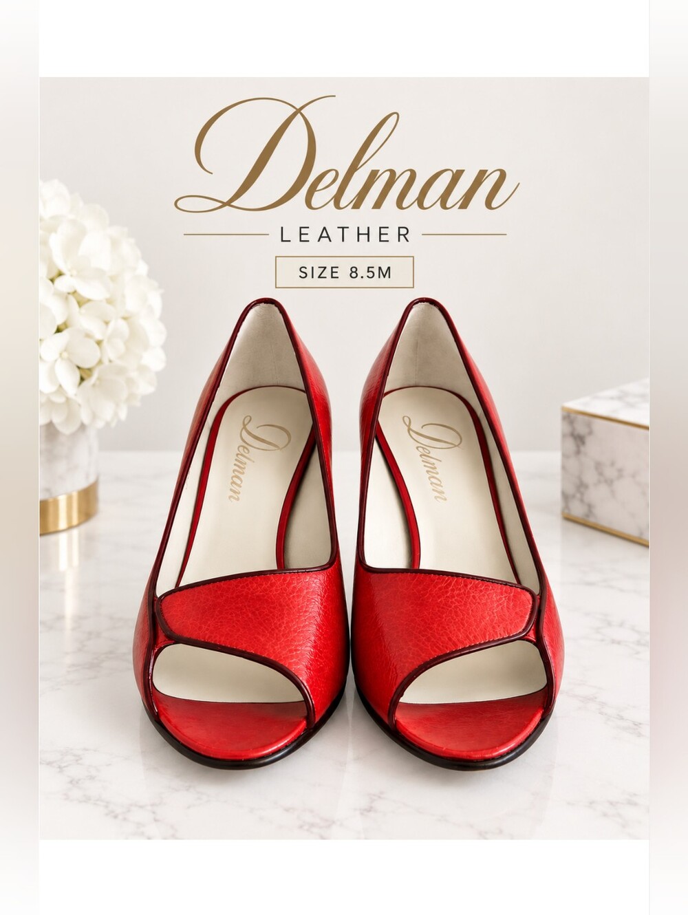 Authentic Delman ADINA-L Scarlet Pebble Leather Peep Toe Pumps, Size 8.5M